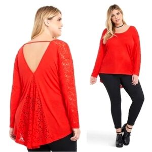 Torrid Red Lace Long Sleeve Top High Low Open Back Size 0 Valentines Day